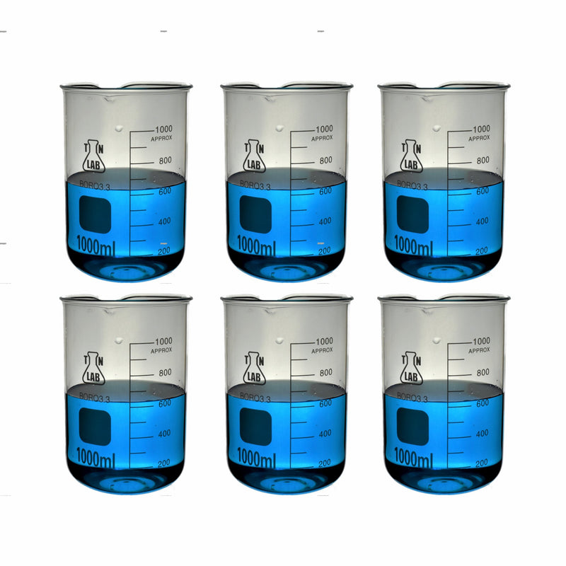 TN LAB Supply Beaker 1000ml Borosilicate 3.3 Glass Beaker 6-Pack
