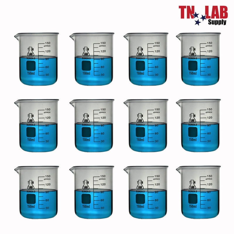TN LAB Supply Beaker 150ml Borosilicate 3.3 Glass Beaker 12-Pack