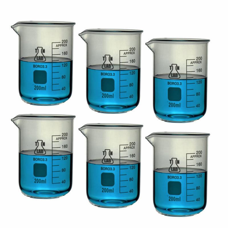 TN LAB Supply Beaker 200ml Borosilicate 3.3 Glass Beaker 6-Pack