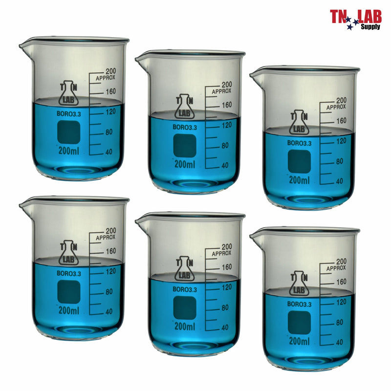 TN LAB Supply Beaker 200ml Borosilicate 3.3 Glass Beaker 6-Pack