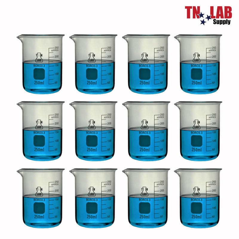 TN LAB Supply Beaker 250ml Borosilicate 3.3 Glass Beaker 12-Pack