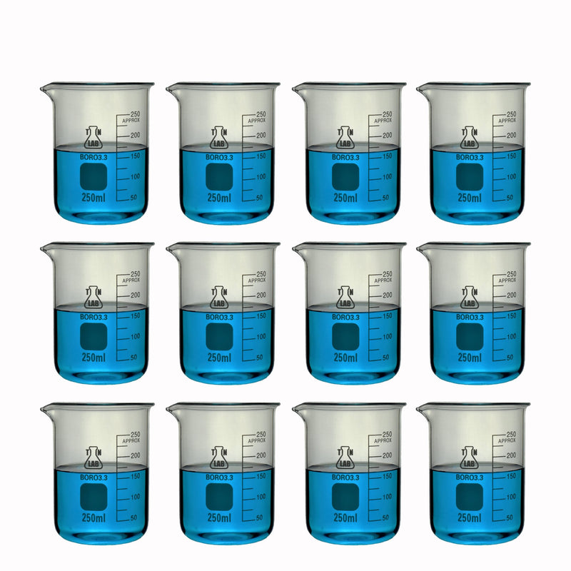 TN LAB Supply Beaker 250ml Borosilicate 3.3 Glass Beaker 12-Pack