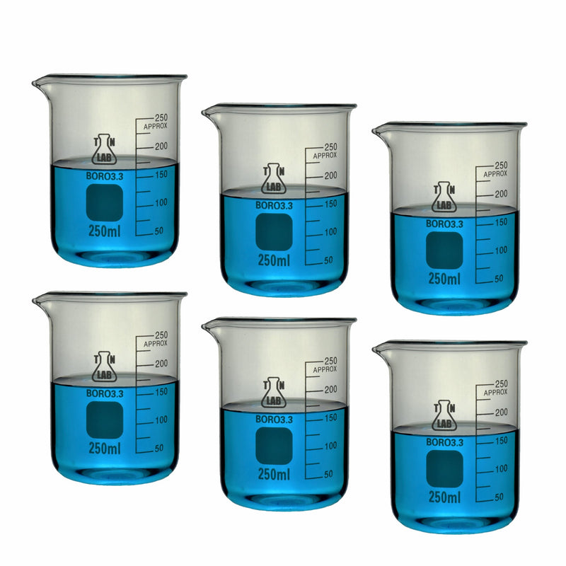 TN LAB Supply Beaker 250ml Borosilicate 3.3 Glass Beaker 6-Pack