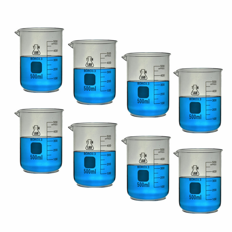 TN LAB Supply Beaker 500ml Borosilicate 3.3 Glass Beaker x8