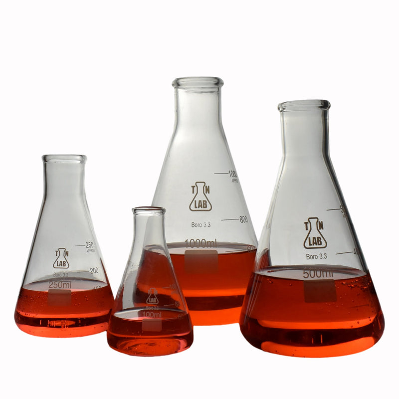 TN Lab Erlenmeyer Flask Borosilicate Glass Conical Flask 4-Piece SET (100-250-500-1000 ml)