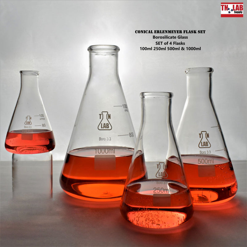 TN LAB Supply Conical Erlenmeyer Flask SET of 4 Flasks 100-250-500-1000ml