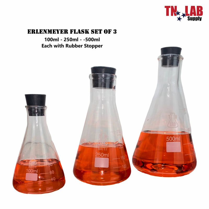 TN LAB Erlenmeyer Conical Flask Borosilicate Glass w-Stopper SET of 3 100ml-250ml-500ml