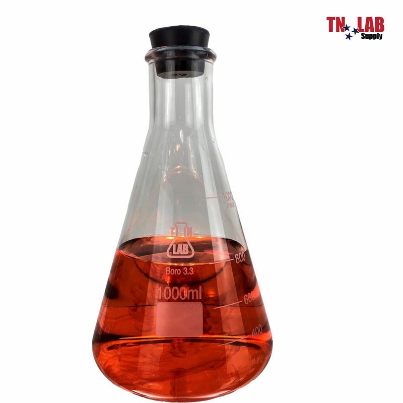 TN LAB Erlenmeyer Conical Flask Borosilicate Glass w-Rubber Stopper 1000ml 1L