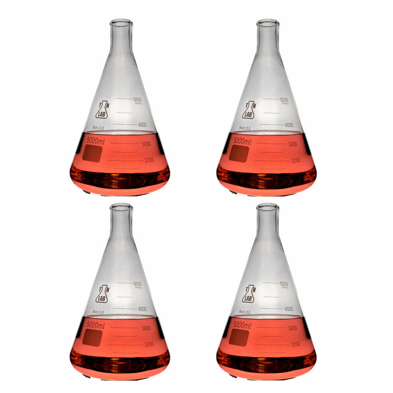 TN LAB Erlenmeyer Conical Flask Borosilicate Glass 5000ml 5 Liter 4-Pack