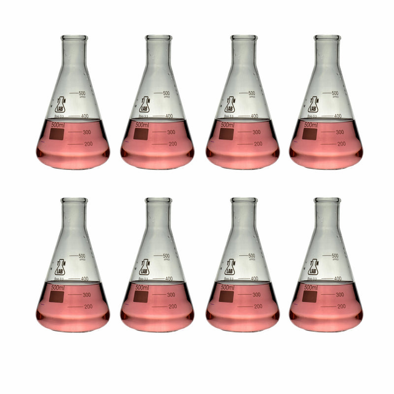 TN LAB Supply Conical Erlenmeyer Flask 500ml Borosilicate 3.3 Glass x8