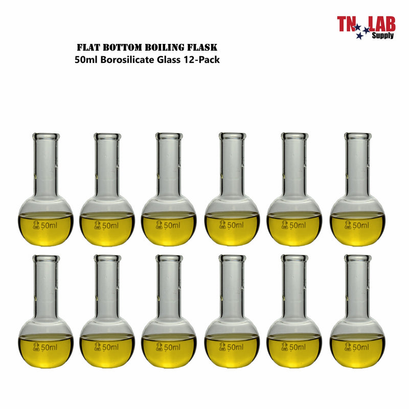 TN LAB Supply Flat Bottom Florence Flask Borosilicate 3.3 Glass 50ml 12-Pack