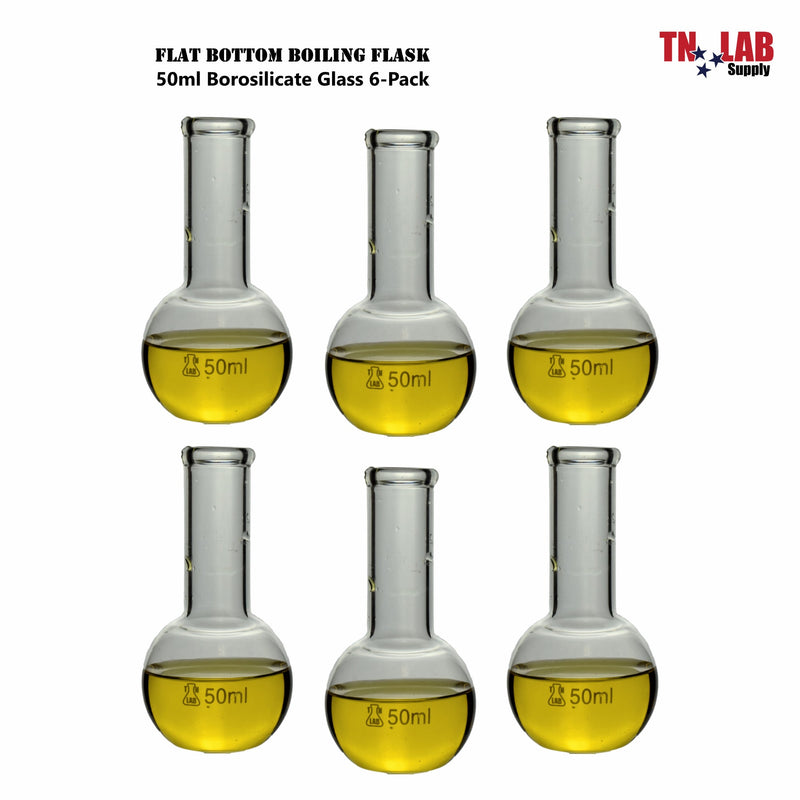 TN LAB Supply Flat Bottom Florence Flask Borosilicate 3.3 Glass 50ml 6-Pack