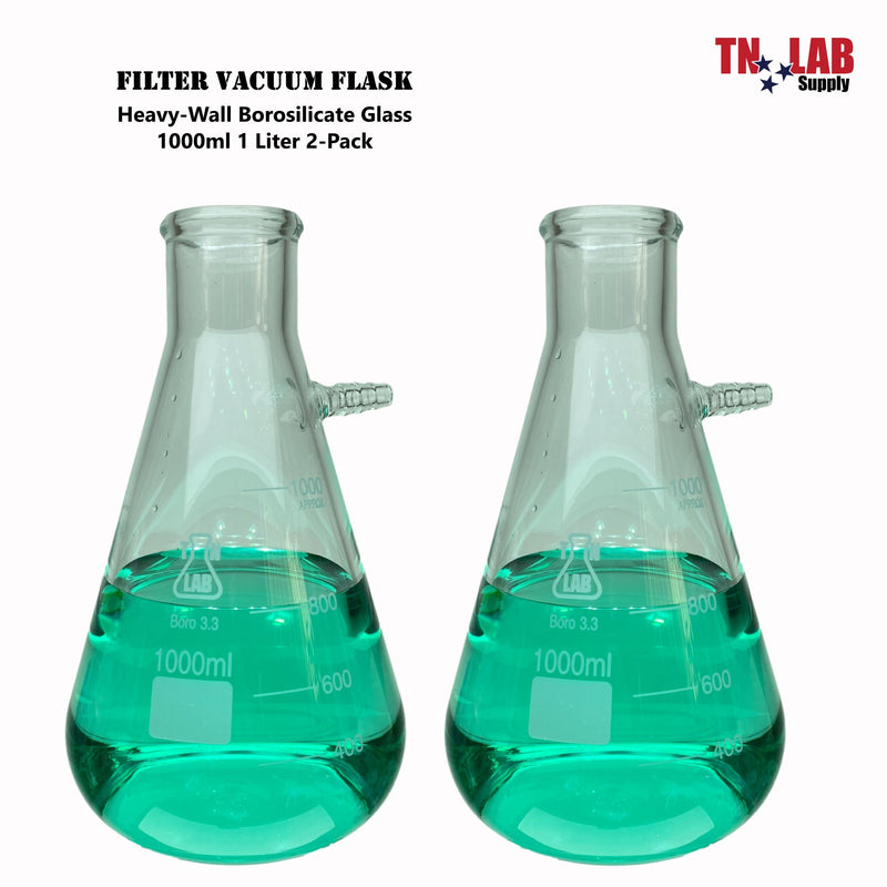 TN LAB Filter Vacuum Flask Borosilicate Glass 1000ml 1 Liter 2-Pack
