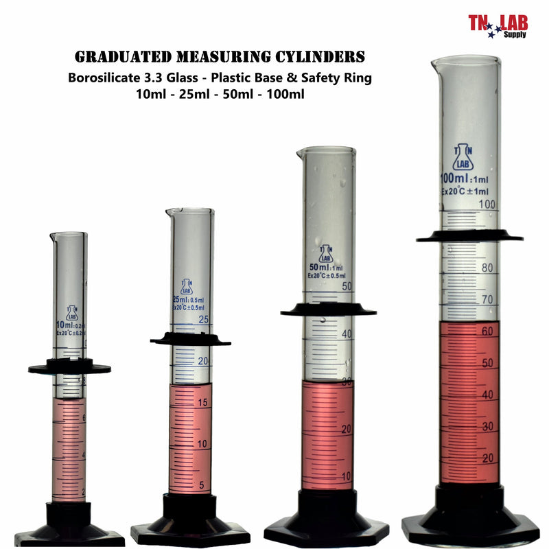TN LAB Supply Graduated Measuring Cylinder 10ml-25ml-50ml-100ml Set of 4